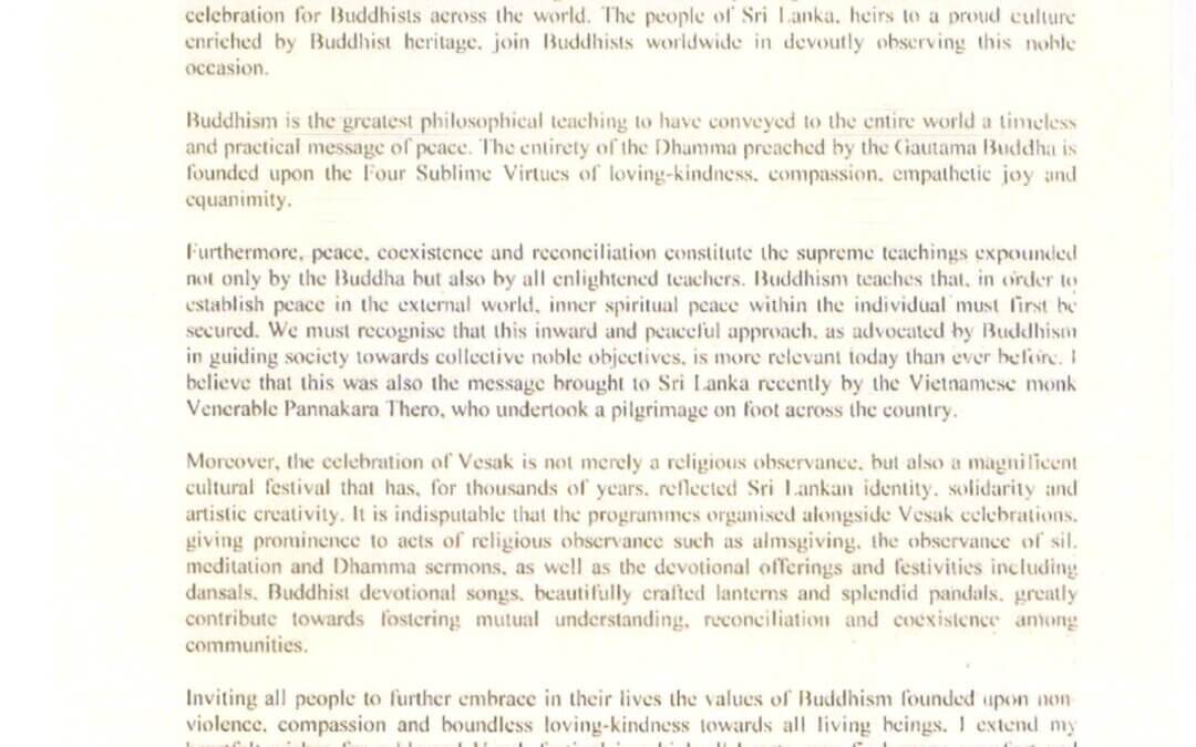 Vesak Message English from His Excellency The President