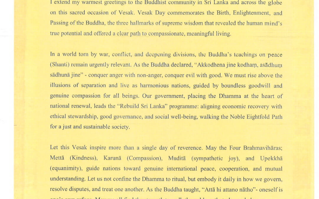 Vesak Message in English from the Hon. Minister of Foreign Affairs, Foreign Employment and Tourism