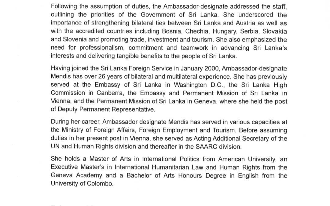 Ambassador and Permanent Representative – designate Dayani Mendis Assumes Duties in Vienna