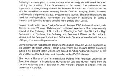 Ambassador and Permanent Representative – designate Dayani Mendis Assumes Duties in Vienna