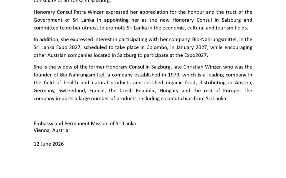 Appointment of Mrs. Petra Winzer as the Honorary Consul of Sri Lanka in Salzburg, Austria